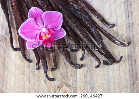 Vanilla sticks and orchid flower on the wood background