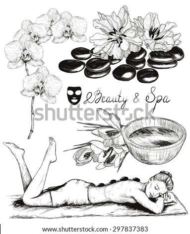 Vector sketch of Beauty and health care set, hot stones massage