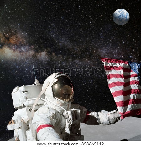 Astronaut holding American flag on lunar (moon) landing mission. Elements of this image furnished by NASA.