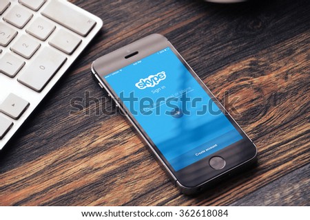 BEKASI, INDONESIA - JANUARY 15, 2015 - Skype login screen on iPhone with keyboard on the side. Skype was founded in 2003 by Niklas ZennstrÃ¶m, from Sweden, and Janus Friis, from Denmark.