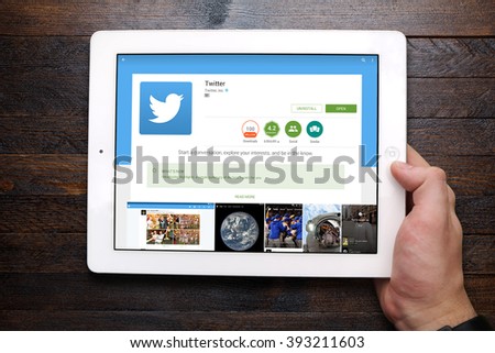 BEKASI, INDONESIA - MARCH 20, 2016: Twitter app on Google Play Store. Twitter is an online social networking service that enables users to send and read short 140-character messages called \