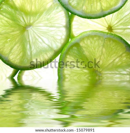 Close up photo of lime background reflected in the water