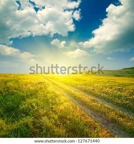 Summer Landscape With Green Grass, Road And Clouds