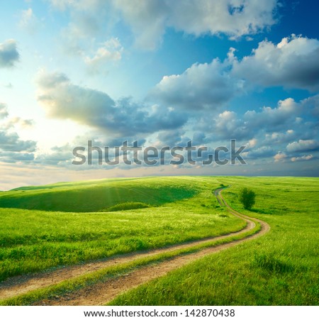 Summer landscape with green grass, road and clouds