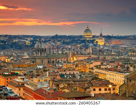 Wonderful view of Rome at sunset time with St Peter Cathedral
