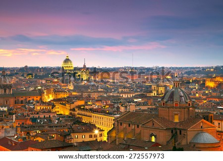 Wonderful view of Rome at sunset time with St Peter Cathedral