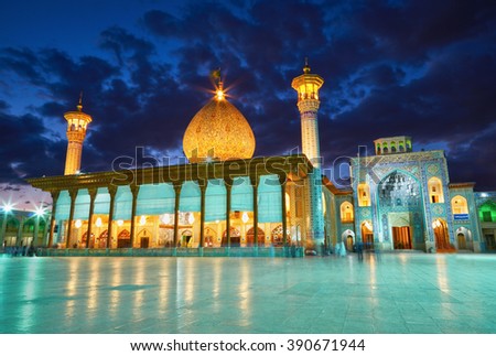 SHIRAZ, IRAN - March 01, 2016: Shah Cheragh mosque after sunset. Shiraz, Iran