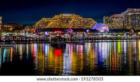 SYDNEY, AUSTRALIA - MAY 17, 2014 Restaurants illuminated during night at Darling Harbour