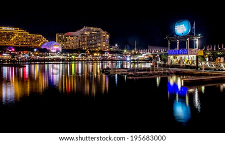 SYDNEY, AUSTRALIA -17TH MAY 2014: restaurants illuminated during night at darling harbour
