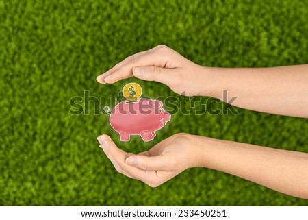 Two Woman\'s open hands making a protection gesture holding a piggy bank  isolated on green background.Business,money,financial protection.