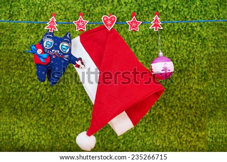 Christmas decoration santa hat and a cat toy hanging on rope over green background