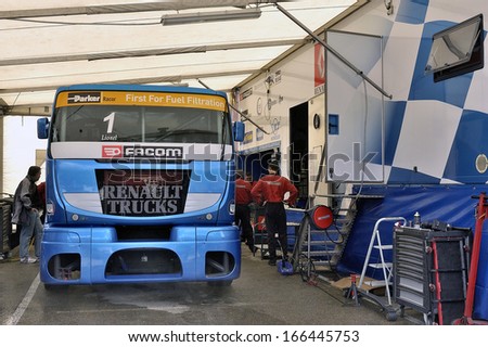 ALES, FRANCE - MAY 25: Grand Prix trucks on the circuit mechanical pole. The Facom team works to maintain truck Lionel, may 25, 2013