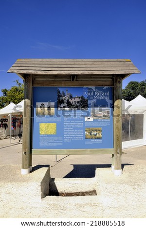 MEJANES, FRANCE - AUGUST 31: Signaling that the area has to Mejanes agriculture and tourism founded by Paul Ricard in 1939, august 31, 2014.