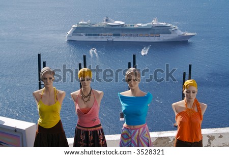 Taken in Santorini, Greece, overlooking the Mediterranean Ocean and four mannequin friends.