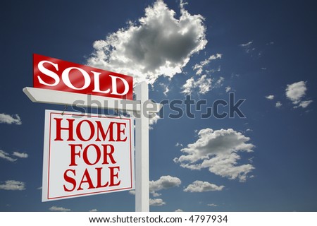 Sold Home for Sale sign, dramatic clouds background, room for your message. See my theme variations.