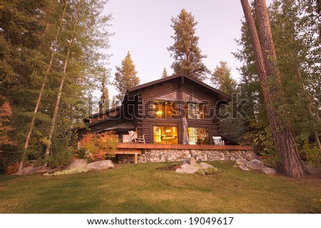 Beautiful Log Cabin Exterior Among Pine Trees