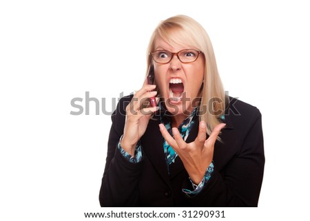 Angry Woman Yells While On Cell Phone Isolated on a White Background.
