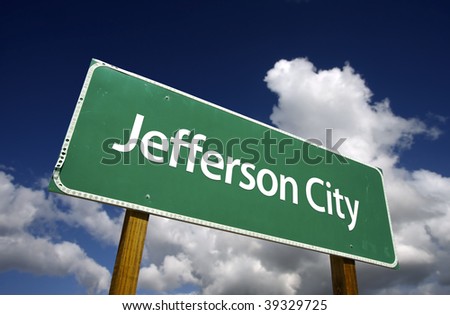 Jefferson City Road Sign with dramatic blue sky and clouds - U.S. State Capitals Series.