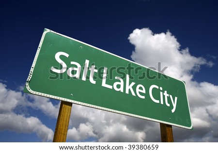 Salt Lake City Road Sign with dramatic blue sky and clouds - U.S. State Capitals Series.