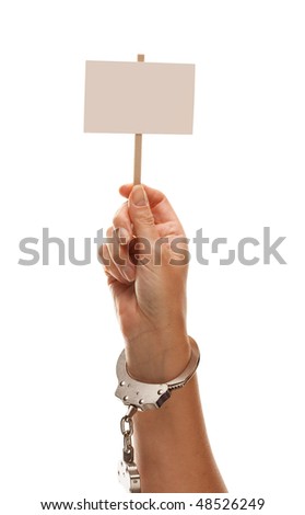 stock photo Handcuffed Woman Holding Blank White Sign Isolated on a White 