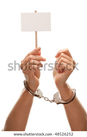 stock photo Handcuffed Woman Holding Blank White Sign Isolated on a White