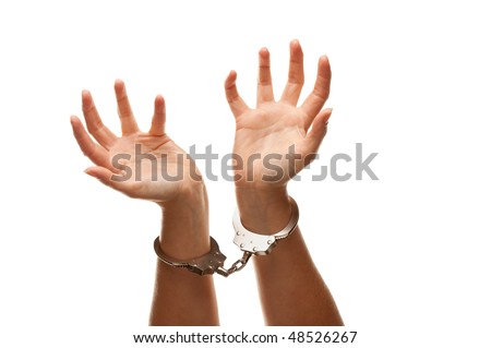 stock photo Handcuffed Woman Desperately Raising Hands in Air Isolated on