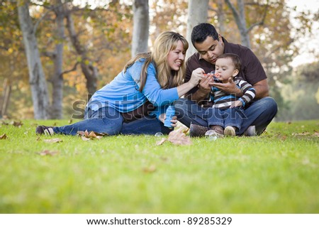Happy Young Mixed Race Ethnic Family Playing Together with Bubbles In The Park.