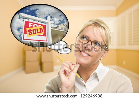 Attractive Woman in Empty Room with Thought Bubble of a Sold For Sale Real Estate Sign in Front of House.