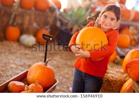 Cute Girl Choosing A Pumpkin at A Pumpkin Patch One Fall Day.