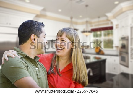Happy Mixed Race Couple Inside Beautiful Custom Kitchen Happy Mixed Race Couple Inside Beautiful Custom Kitchen