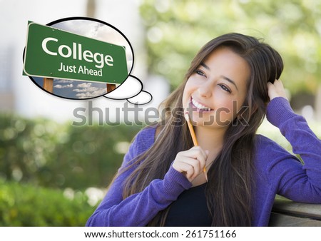 Pensive Young Woman with Thought Bubble of College Just Ahead Green Road Sign.