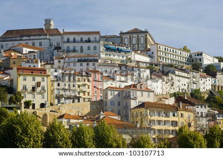 View of the old city of Coimbra, Portugal. Top building is the famous university.
