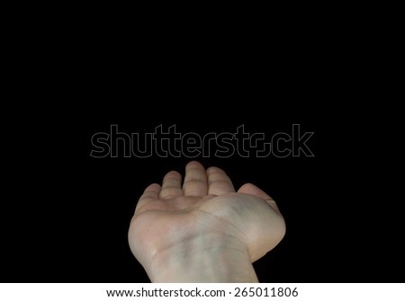 Flat human hand isolated on black background.