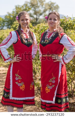 ROZOVO, BULGARIA - JUNE 06, 2015 - Rose picking ritual in Rozovo village. People dressed up in a traditional folklore costumes sing and dance for health and succesful harvest of the Bulgarian Roses.
