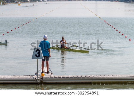 PLOVDIV, BULGARIA - JULY 26, 2015 - World rowing championship under 23 years old. Young men and women competing in different rowing events.