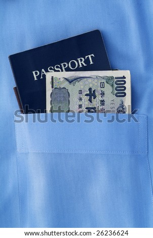 passport with japanese currency in the blue pocket