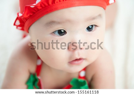 Close up of Baby in bikini, hat and sunglasses isolated on white blanket