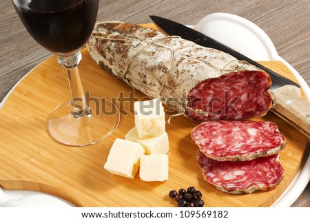 salami and cheese on the wood table