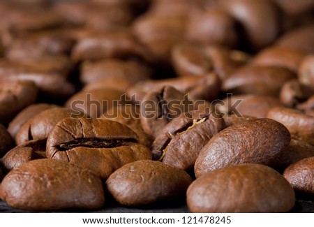 Light roasted coffee beans, macro closeup
