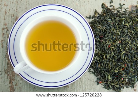 Green tea in a white cup, with dried green tea leaves on wooden rustic background