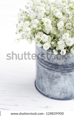 Bouquet of white gypsophila, baby\'s breath flowers, on wooden background