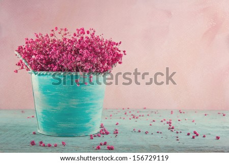 Pink dried baby's breath flowers in a blue vase on wooden vintage background Pink dried baby's breath flowers in a blue vase on wooden vintage background