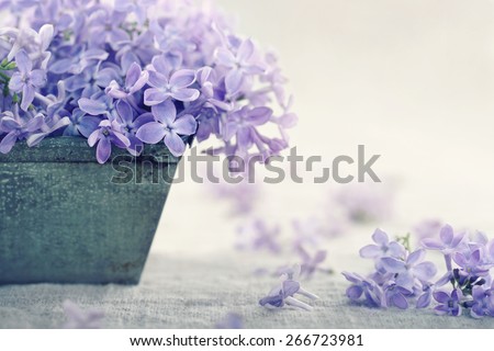 Metal vase with a bouquet of purple lilac spring flowers on vintage textured background