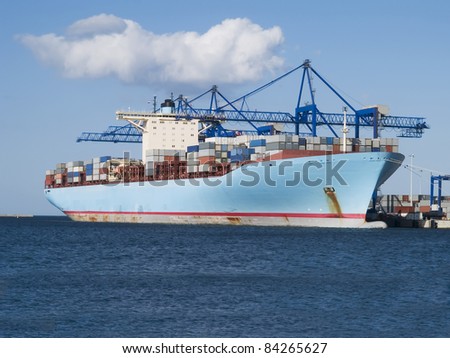 Huge container cargo ship is being unloaded