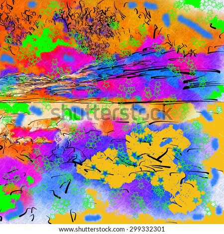 Abstract saturated full color 2D picture with noise and jagged lines