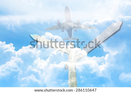 Double Exposition, signpost with the background of airplane flying in the blue sky.