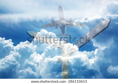Double Exposition, signpost with the background of airplane flying in the blue sky.