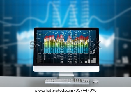 Stock exchange market trading banking and financial business accounting concept: desktop computer PC with stock market application software