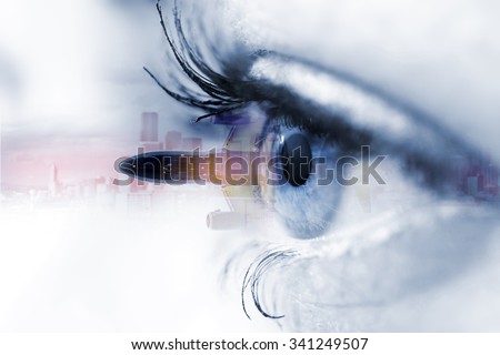 Eye close up in double exposure with plane. Visual effects in a horizontal composition.