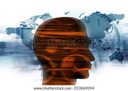Human head with set of wheels train as a symbol work of brain, Machine concept for business